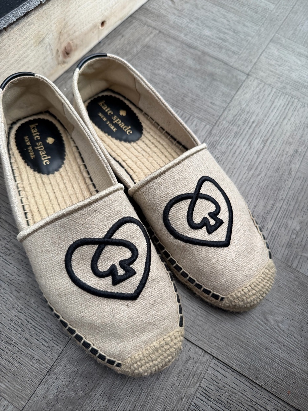 kate spade Cream Espadrilles with Black Heart-Spade Emblem